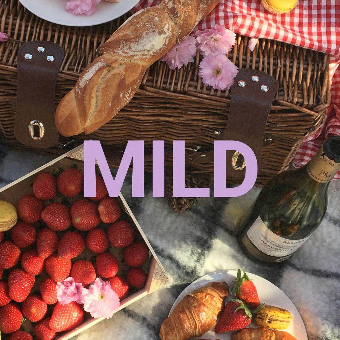 Mild mode: a picnic of strawberries, pastries and a bottle of wine